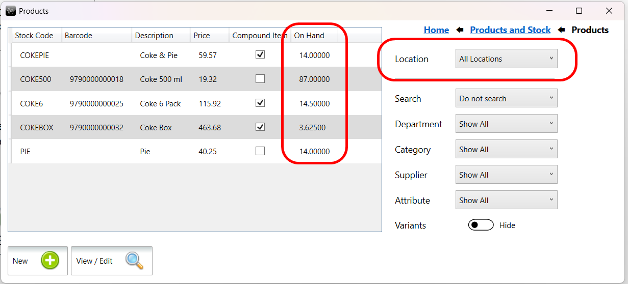 Stock and locations in the back office