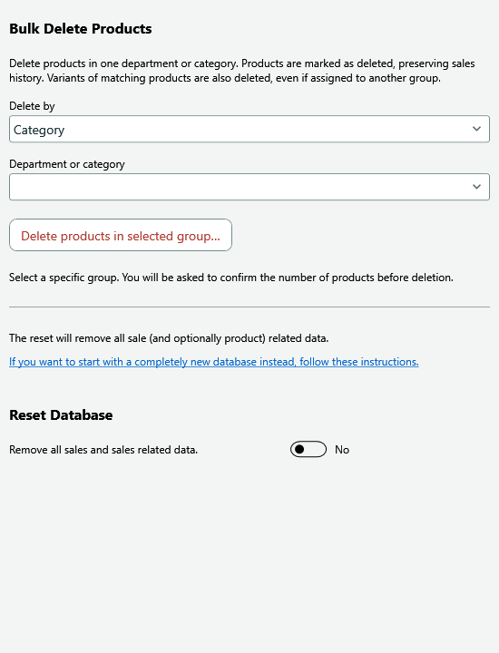 Clear Database page showing Bulk Delete Products and Reset Database