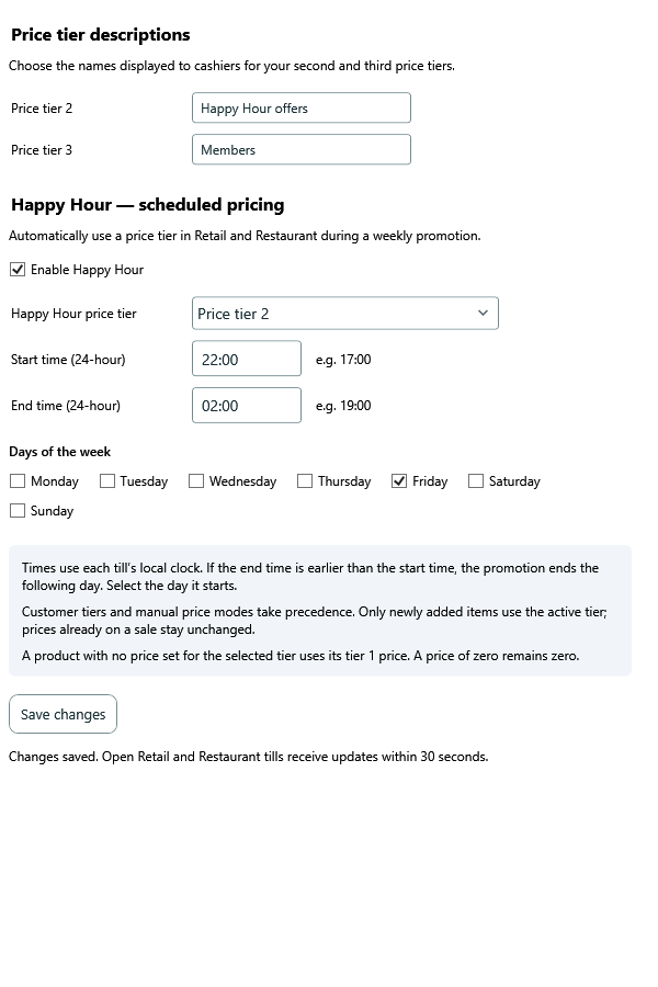 Price Tiers and Happy Hour settings with a Friday overnight schedule