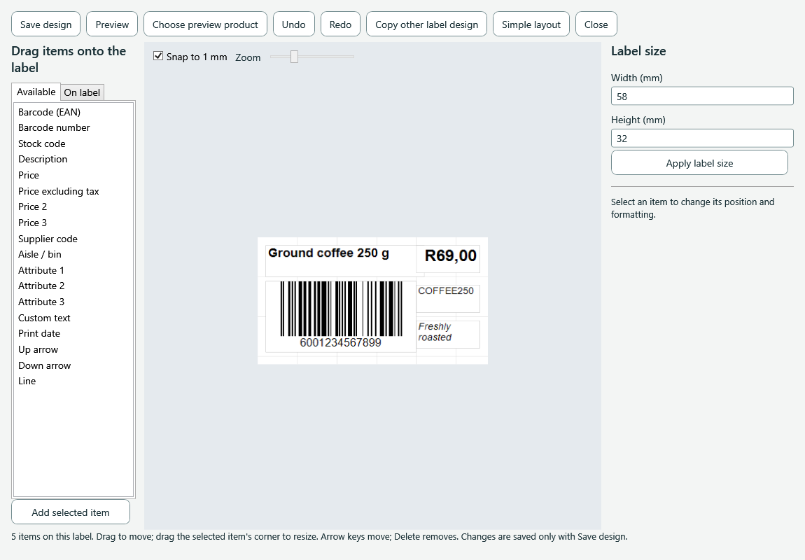 Visual label designer with available fields, a coffee label and label dimensions