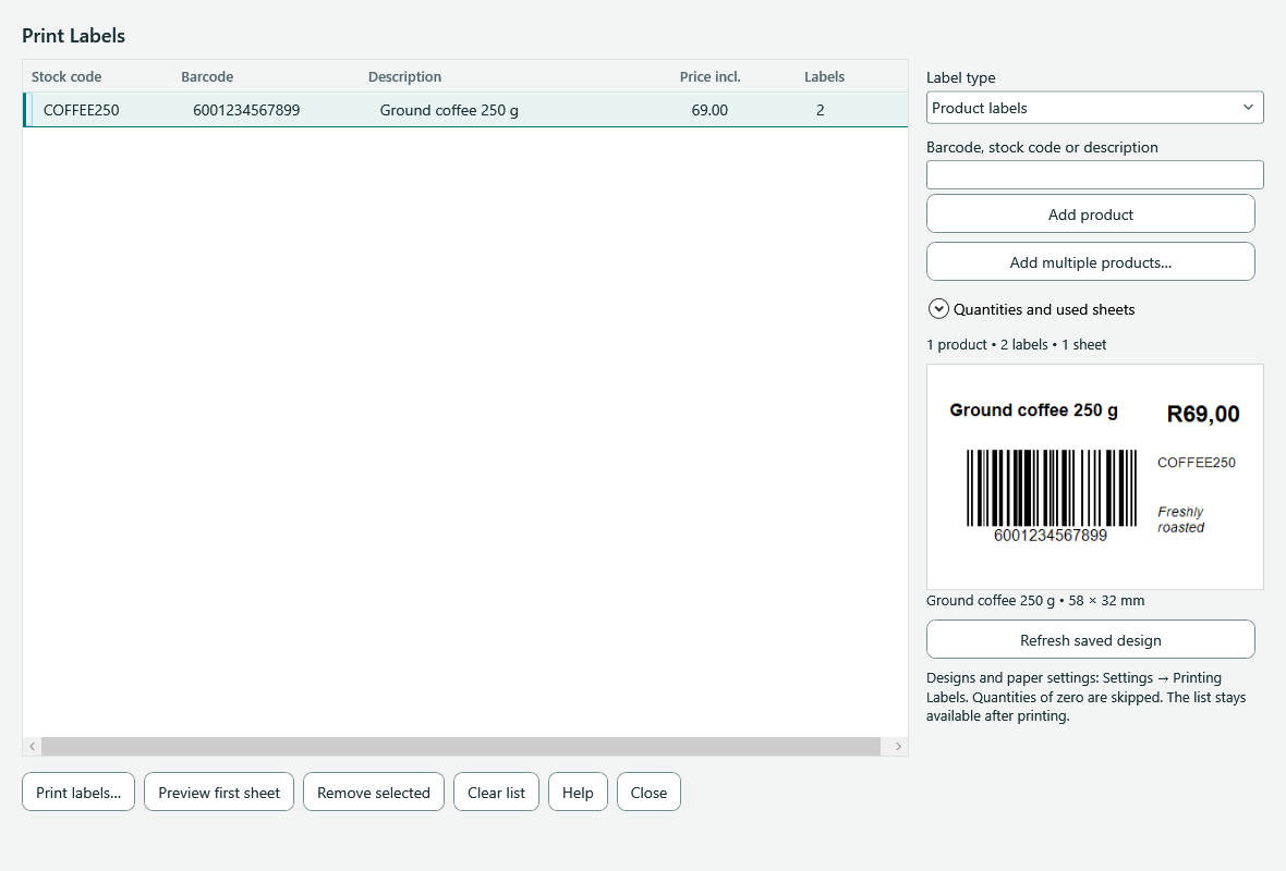 Label printing window with quantities, label type, used sheet positions and product preview