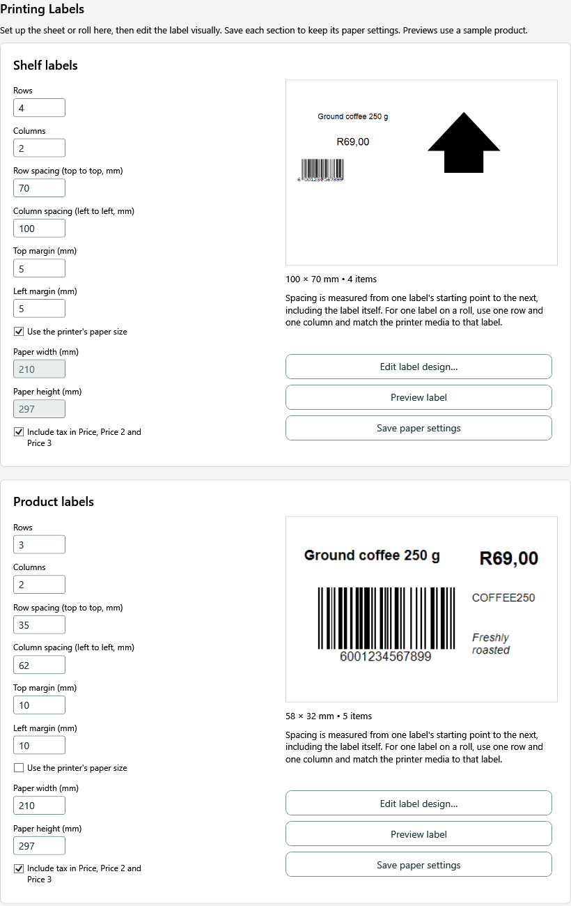 Combined Printing Labels settings with separate shelf and product sections, paper controls and previews