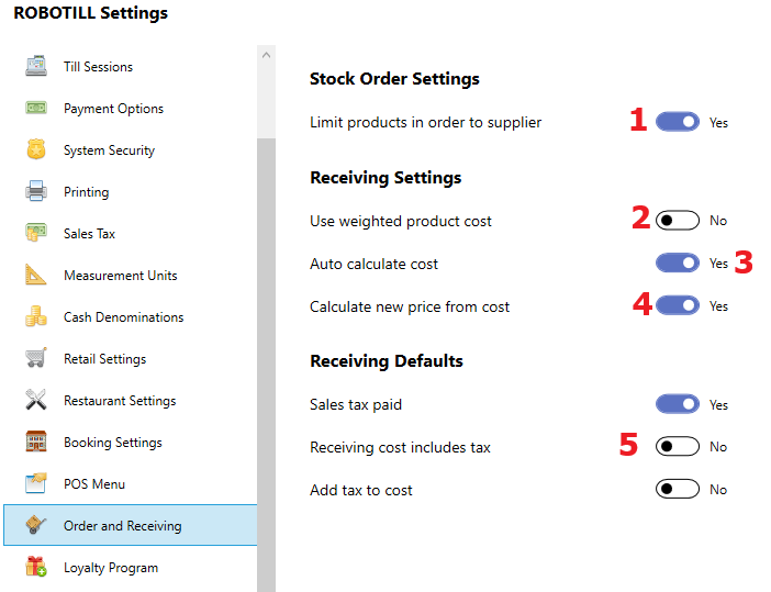 Stock Order and Receiving Settings