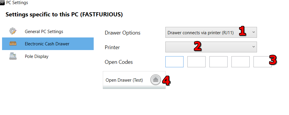 drawer settings via printer