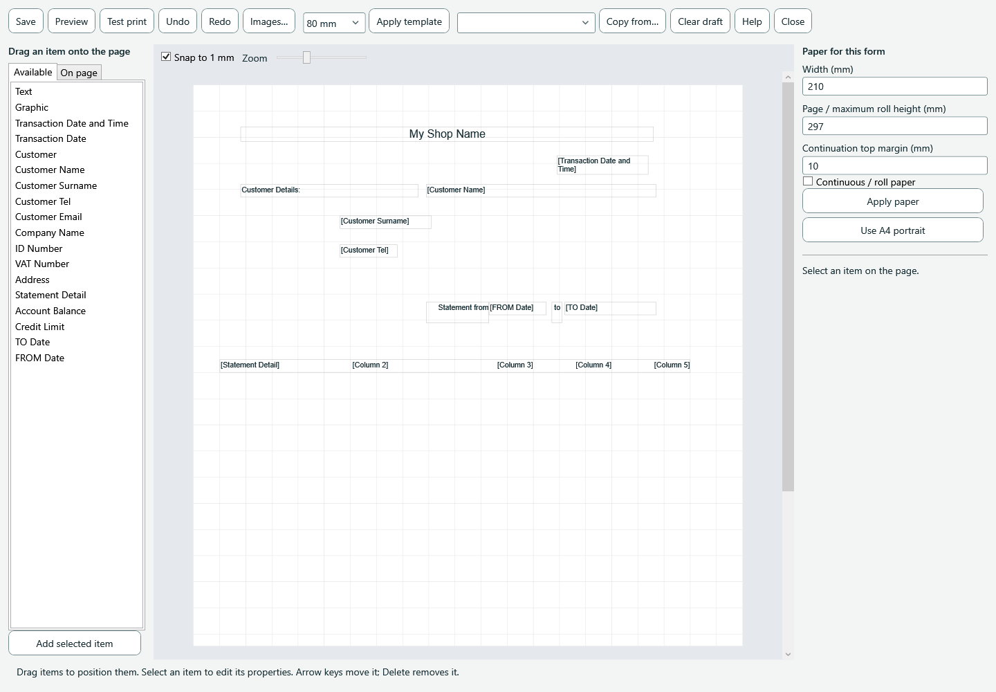 Customer statement draft on A4 paper with 210 by 297 mm settings