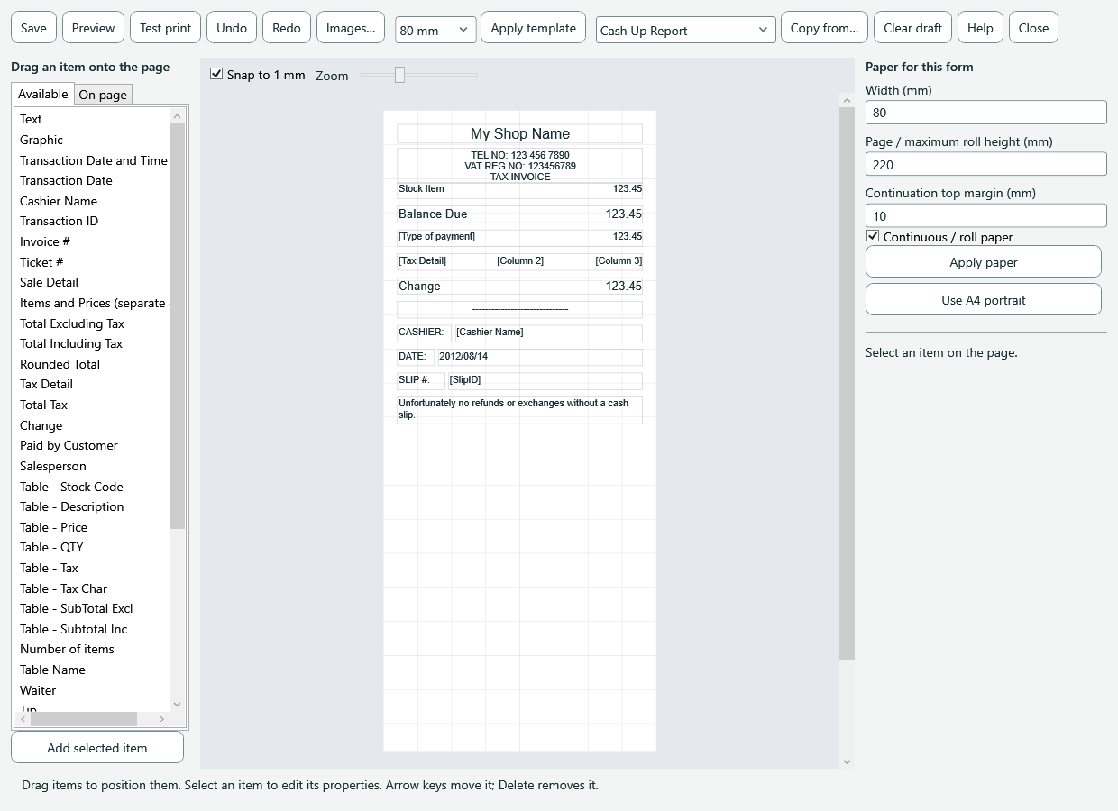 80 mm receipt draft in the WPF print designer