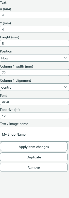 Selected text item properties including coordinates, font and editable shop name