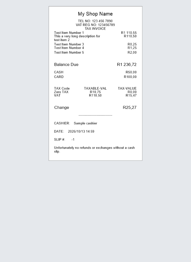 Current print preview with sample receipt content