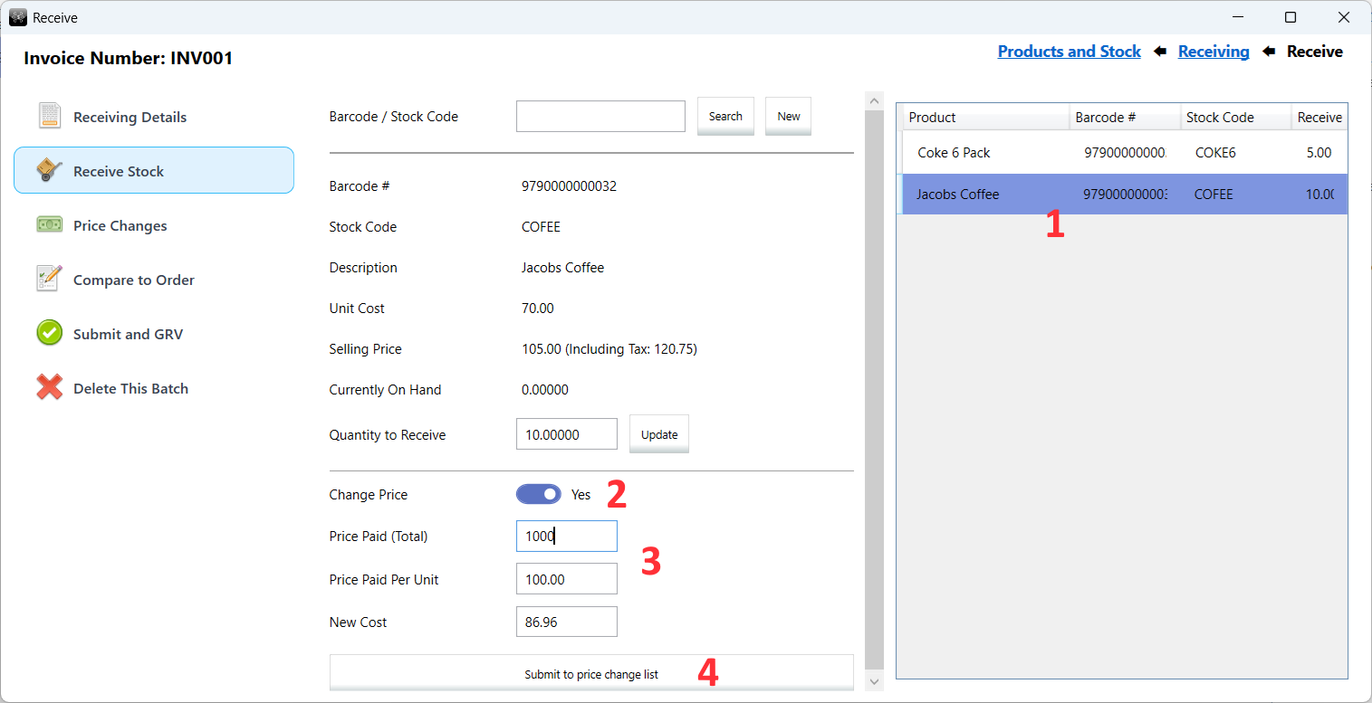 Price changes during stock receiving