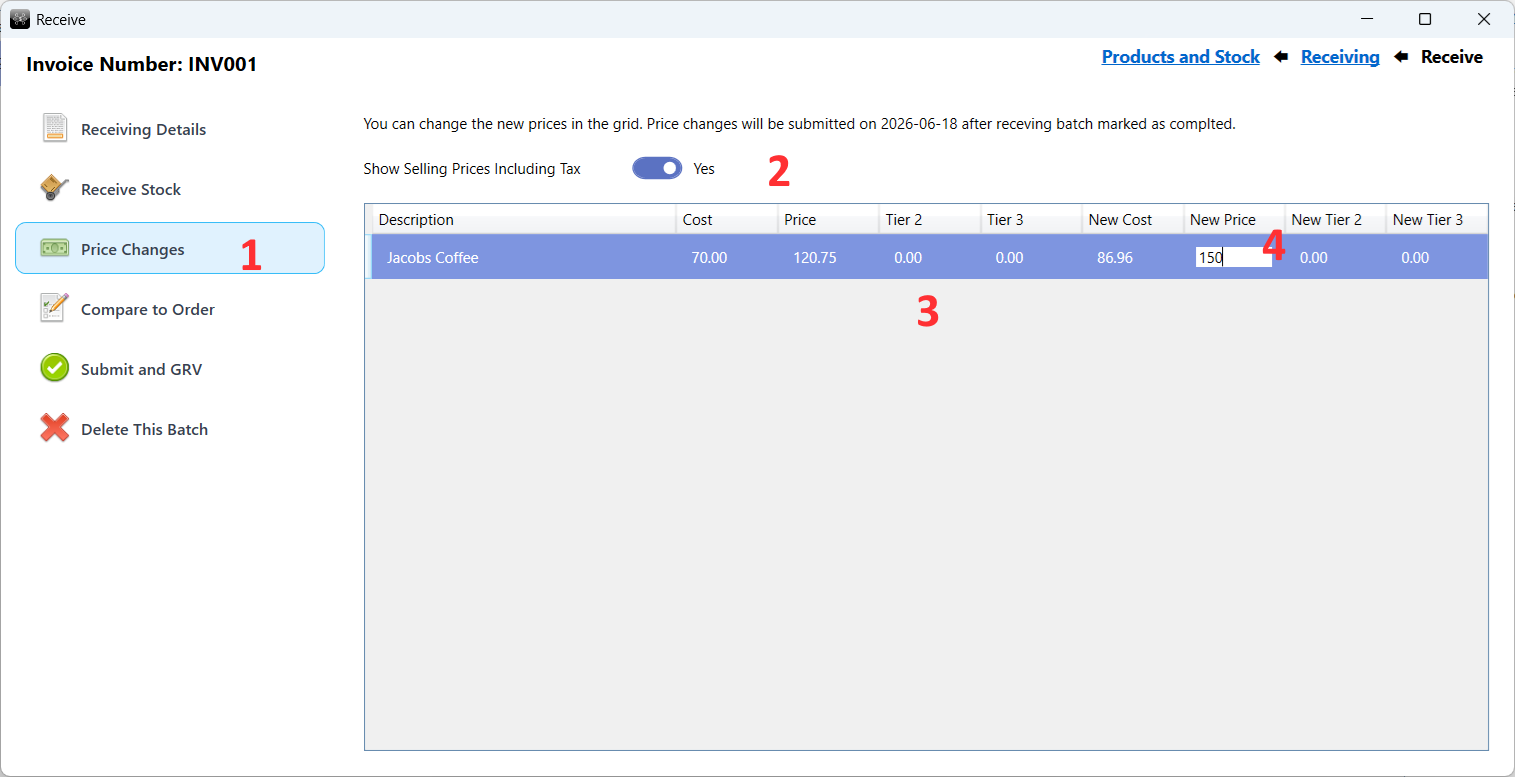 Price changes during stock receiving