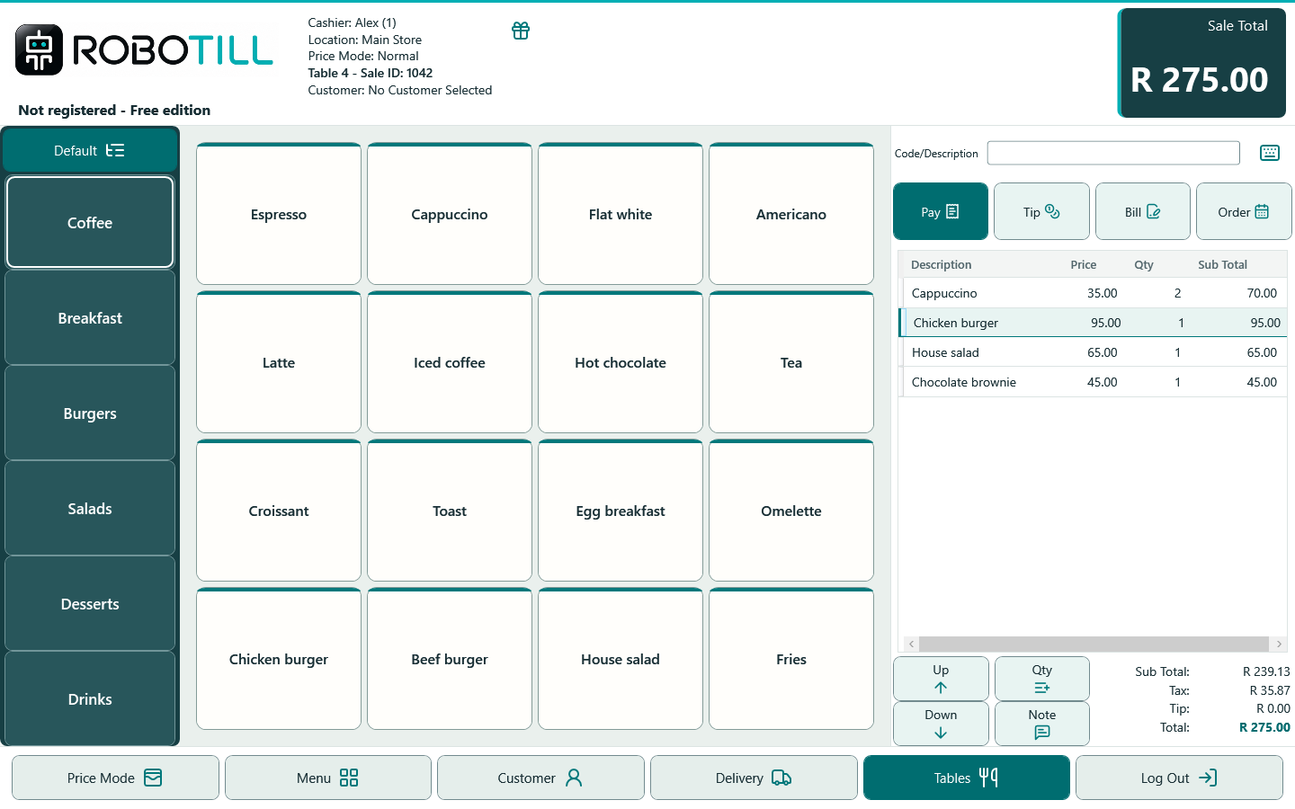 ROBOTILL Restaurant sales screen with the new interface